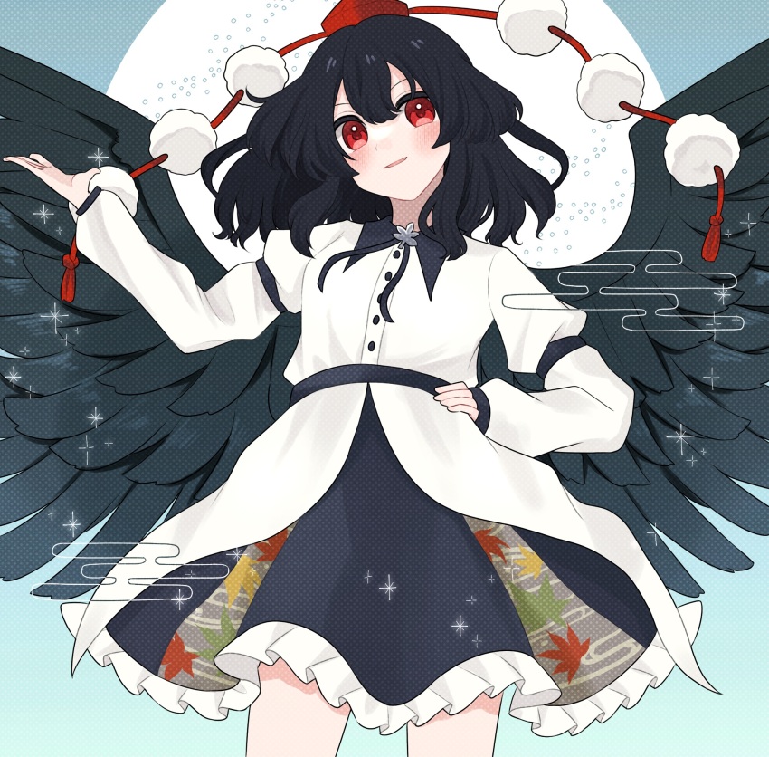 1girl asumi276 belt black_belt black_hair black_ribbon black_skirt black_wings blush buttons collared_shirt commentary_request cowboy_shot egasumi feathered_wings frilled_skirt frills gradient_background hair_between_eyes hand_on_own_hip hand_up hat hat_tassel head_tilt highres juliet_sleeves leaf_print light_smile long_sleeves looking_at_viewer maple_leaf_print medium_hair parted_lips pom_pom_(clothes) puffy_sleeves red_eyes red_hat ribbon shameimaru_aya shirt skirt solo sparkle standing tassel tokin_hat touhou white_shirt wings