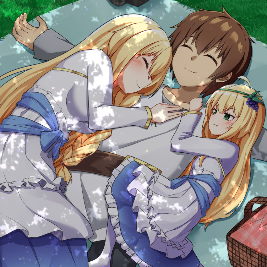 1boy 2girls :t aged_up blonde_hair blue_bow blue_skirt blush bow braid breasts brown_hair closed_eyes closed_mouth commentary_request commission darkness_(konosuba) day dress frilled_dress frilled_skirt frills grass green_eyes grey_shirt hair_between_eyes highres if_they_mated iris_(konosuba) kono_subarashii_sekai_ni_shukufuku_wo! long_hair long_sleeves lying medium_breasts multiple_girls nenosame on_back on_side outdoors outstretched_arms pantyhose picnic_basket picnic_blanket pout satou_kazuma shirt skeb_commission skirt smile spread_arms very_long_hair white_dress white_pantyhose