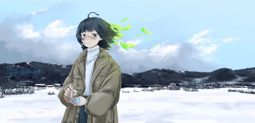 1girl ahoge black_hair blush brown_jacket burning_hair cigarette cigarette_pack closed_mouth cloud cloudy_sky fire green_fire highres holding holding_cigarette jacket landscape looking_at_viewer nose_blush original pocket scenery shirt shirt_tucked_in sky snow solo twitter_username watermark white_shirt winter yoshiryuu