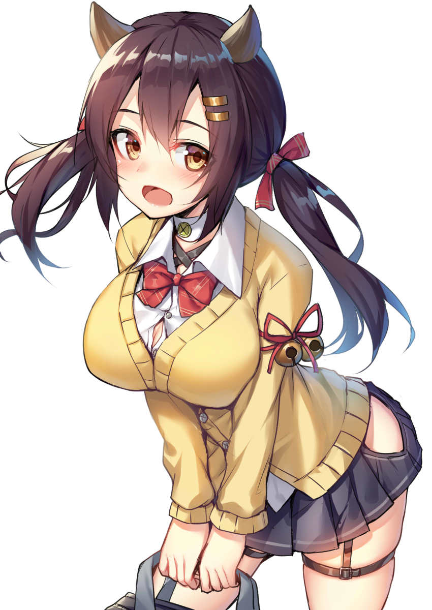 1girl :d absurdres alexmaster azur_lane bag black_skirt blush breasts brown_eyes brown_hair cardigan female_focus hair_ornament hairclip hakama hakama_short_skirt hakama_skirt highres horns japanese_clothes large_breasts long_hair looking_at_viewer miniskirt nagara_(azur_lane) open_mouth pleated_skirt school_bag school_uniform simple_background skirt smile solo twintails white_background