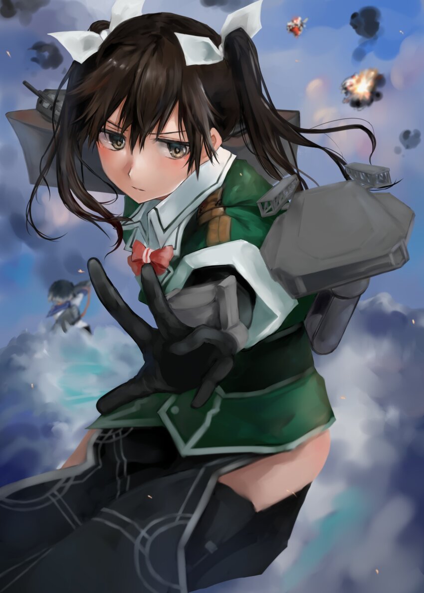 1girl 73suke absurdres black_gloves black_hair brown_eyes commentary explosion foreshortening gloves green_jacket hair_ribbon highres jacket kantai_collection long_hair machinery military_uniform pelvic_curtain red_eyes ribbon single_thighhigh smoke solo thighhighs tone_(kancolle) tone_kai_ni_(kancolle) twintails white_ribbon