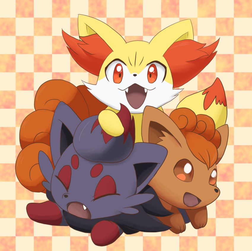 animal animal_focus brown_eyes closed_eyes creatures_(company) enohito fennekin fox game_freak gen_1_pokemon gen_5_pokemon gen_6_pokemon grey_hair nintendo no_humans open_mouth orange_hair pokemon pokemon_(creature) red_hair smile vulpix zorua