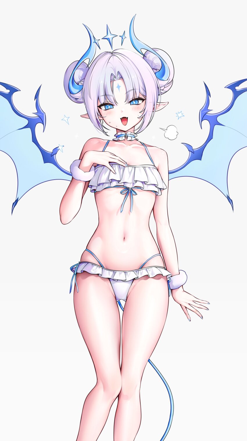 1girl absurdres bare_shoulders bikini blue_choker blue_eyes bracelet choker demon_girl demon_horns demon_tail demon_wings double_bun elsword facial_mark fangs feet_out_of_frame forehead_mark frilled_bikini frilled_choker frills front-tie_bikini_top front-tie_top fur_bracelet hair_bun hand_up highres horns ishtar_(elsword) jewelry long_hair looking_at_viewer luciela_r._sourcream navel open_mouth parted_bangs pointy_ears side-tie_bikini_bottom simple_background skindentation smile solo sparkling_eyes stomach string_bikini sweat swimsuit tail tanjel thighs tiara white_background white_bikini white_hair wings