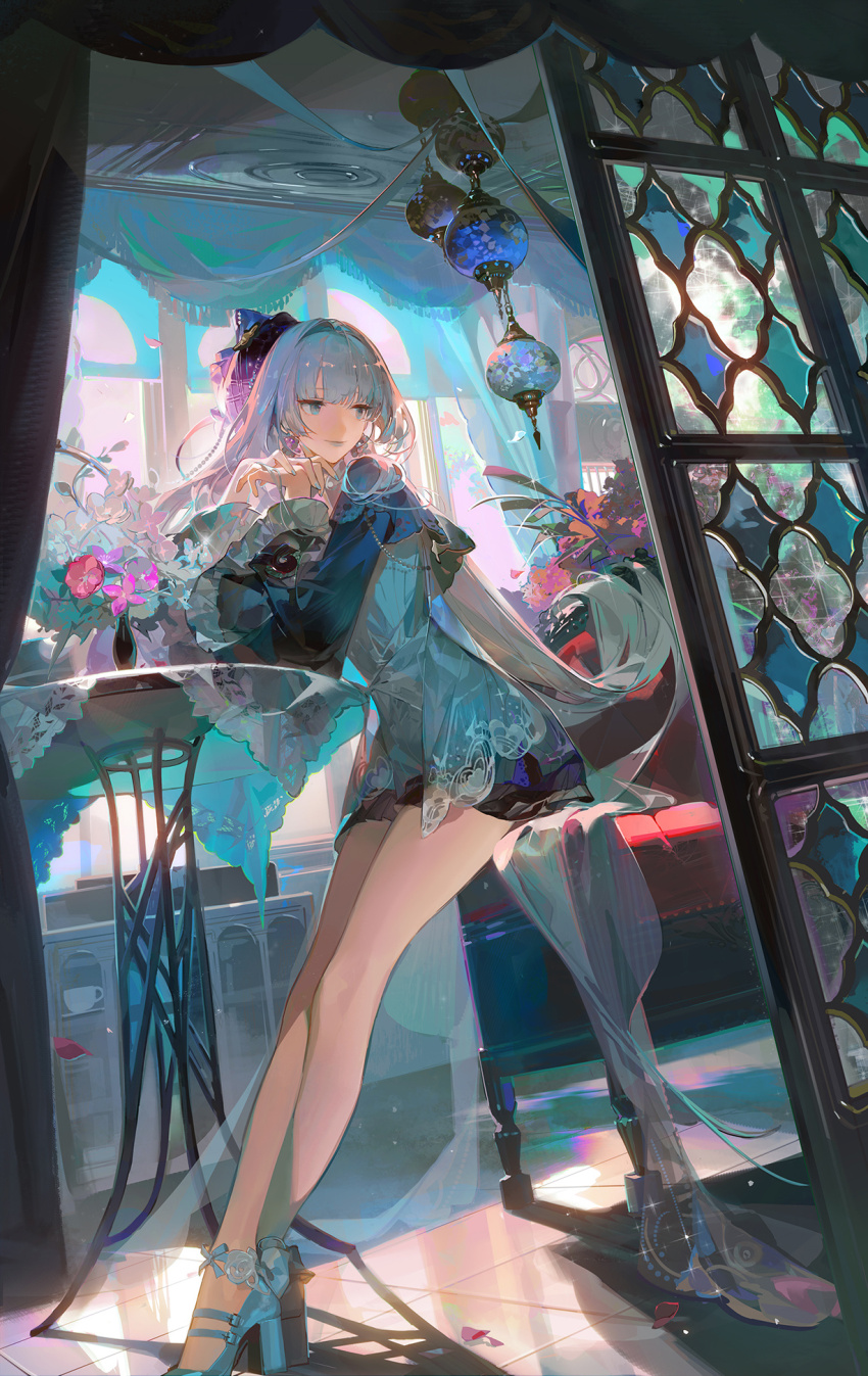 1girl alternate_costume aoandon aqua_hair aqua_lips blue_lips blunt_bangs falling_petals full_body highres indoors lipstick long_hair looking_to_the_side makeup onmyoji petals ruoganzhao solo sparkle