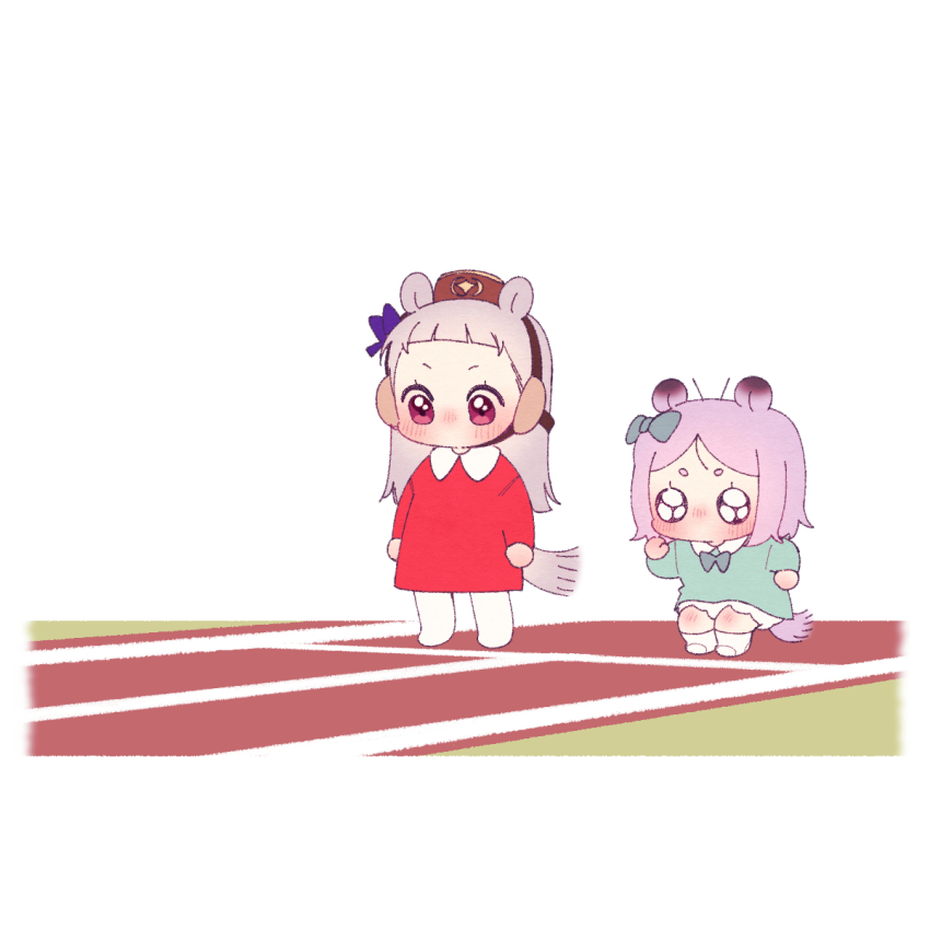 2girls animal_ears blunt_bangs chibi chibi_only ggubii0225 gold_ship_(umamusume) grey_hair highres horse_ears horse_girl horse_tail long_hair long_sleeves mejiro_mcqueen_(umamusume) multiple_girls pink_eyes purple_hair racetrack red_shirt shirt short_hair simple_background standing tail umamusume white_background