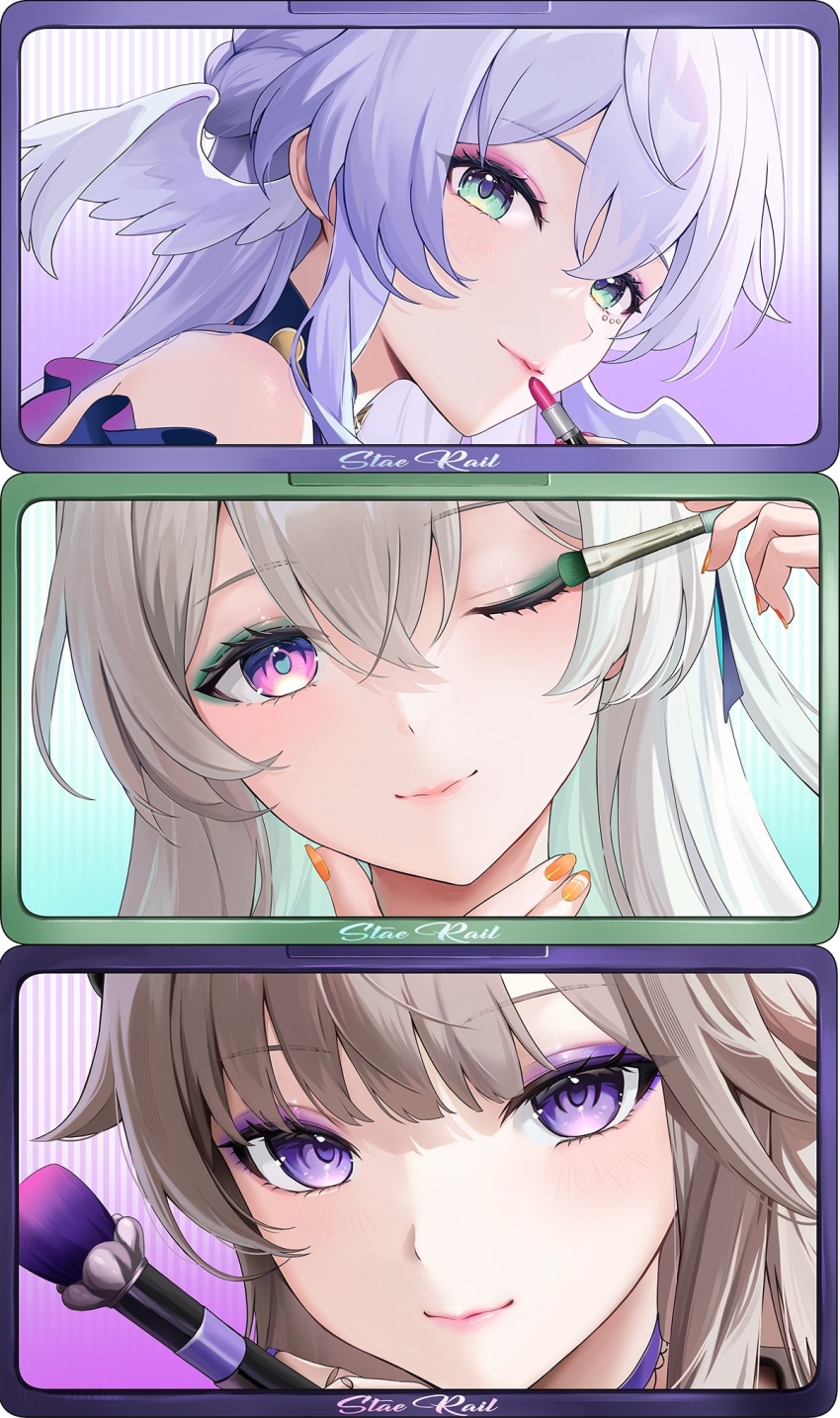 3girls eyeliner eyeshadow firefly_(honkai:_star_rail) grey_hair head_wings herta_(honkai:_star_rail) highres honkai:_star_rail honkai_(series) kottungyang lipstick makeup multiple_girls nail_polish orange_nails pink_lips purple_eyes purple_hair robin_(honkai:_star_rail) upper_body white_wings wings