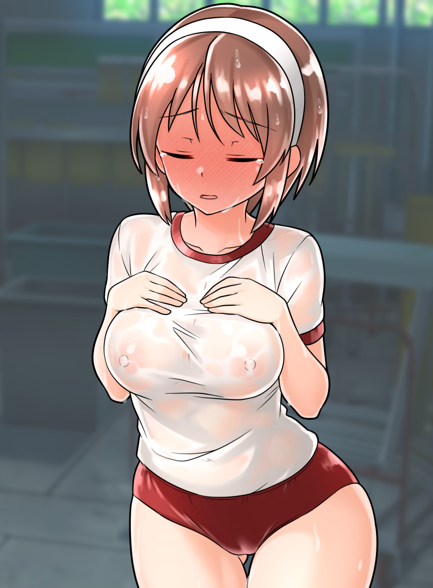 1girl absurdres blush breasts brown_eyes brown_hair buruma closed_eyes commentary_request covered_erect_nipples full-face_blush furaggu_(frag_0416) gym_shirt hairband hands_on_own_chest highres kantai_collection large_breasts natori_(kancolle) nipples red_buruma see-through_clothes see-through_shirt shirt short_hair short_sleeves solo standing thighs wet wet_clothes wet_shirt white_hairband white_shirt