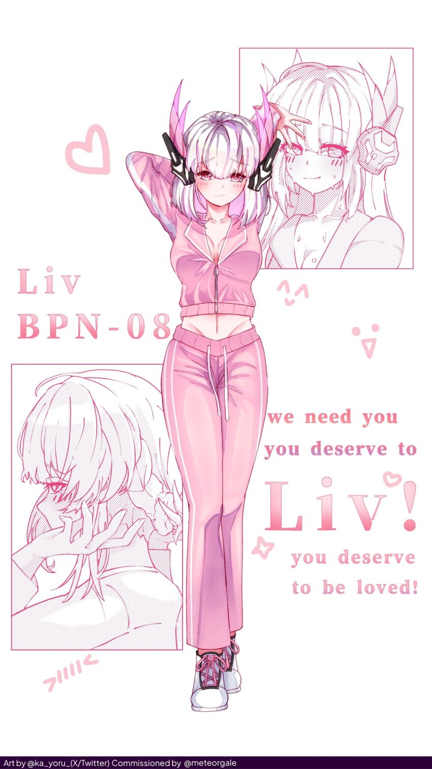 1girl alternate_costume artist_name blush breasts character_name cleavage commission grey_hair headgear headphones highres jacket ka_yoru large_breasts liv_(pgr) medium_breasts navel pants pink_eyes pink_jacket pink_pants pink_track_suit punishing:_gray_raven solo sweat twitter_username