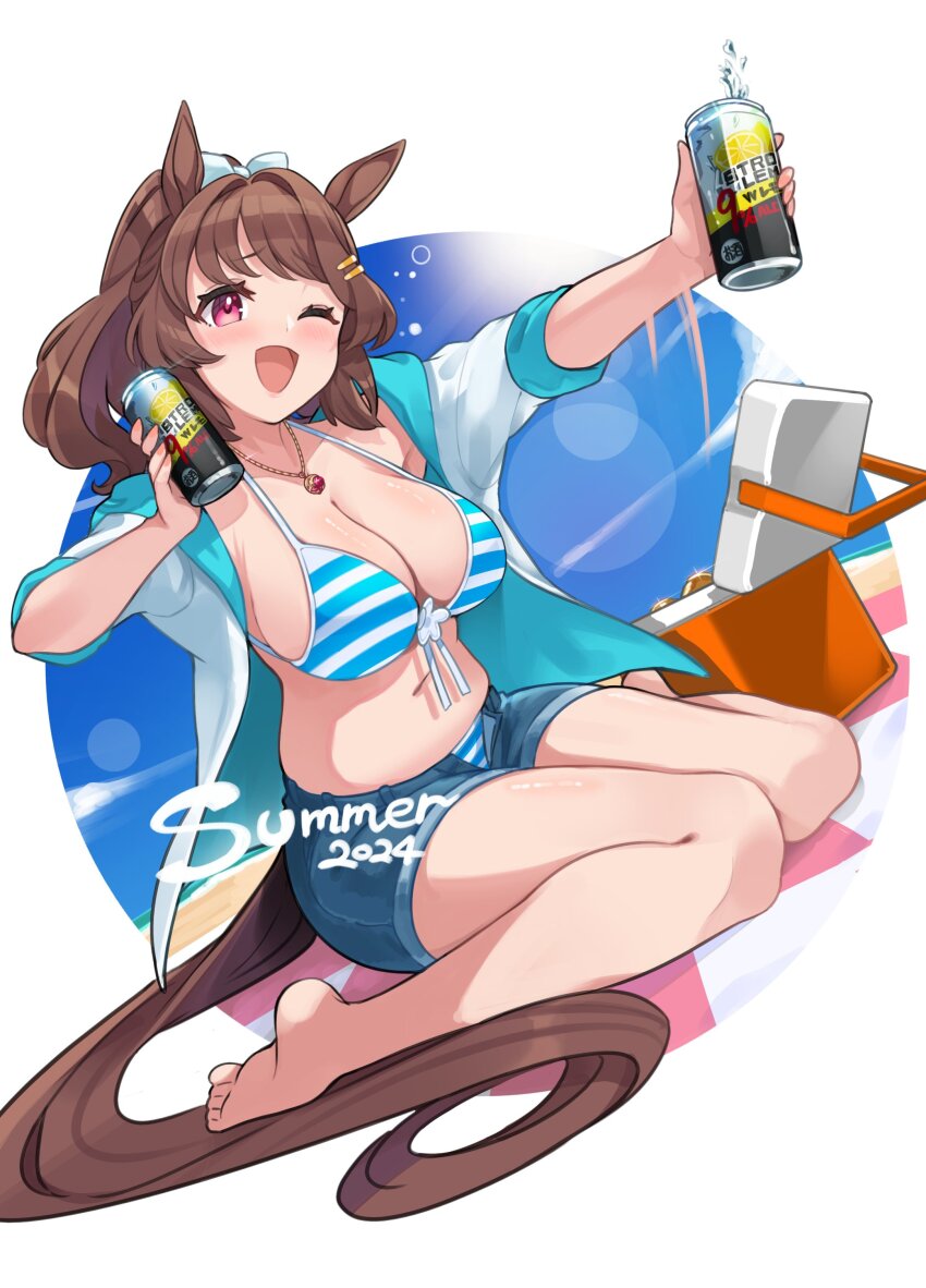 1girl ;d absurdres animal_ears barefoot beach bikini blue_shorts breasts brown_hair cane commentary dated highres holding holding_cane horse_ears horse_girl horse_tail jacket jewelry large_breasts light_hello_(umamusume) navel necklace ocean one_eye_closed open_clothes open_jacket open_mouth pink_eyes shorts simple_background sitting smile soles solo striped_bikini striped_clothes summer swimsuit tail toes umamusume white_background white_jacket yokoji_(kodai2015)