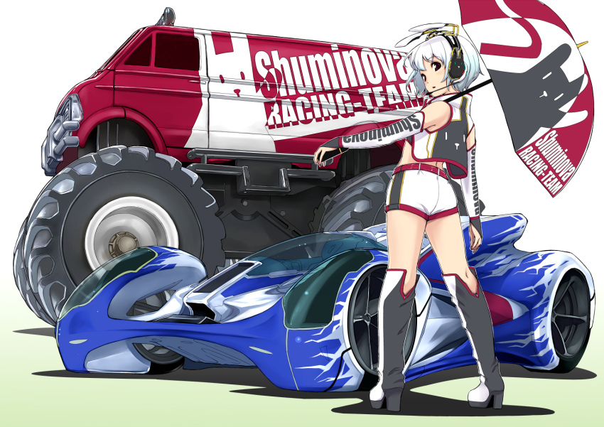 1girl blush boots bridal_gauntlets car female_focus gustav_(telomere_na) headset highres looking_at_viewer looking_back midriff monster_truck motor_vehicle original race_queen race_vehicle racecar red_eyes silver_hair solo umbrella vehicle_focus