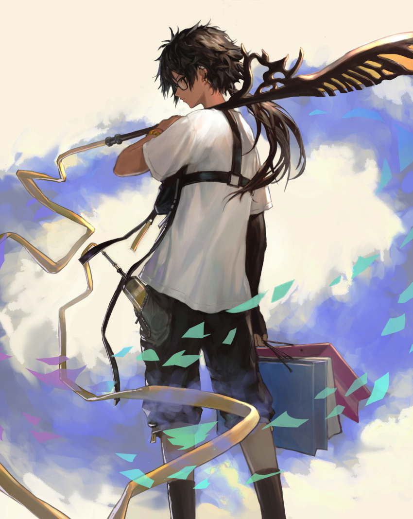 1boy arknights bag black-framed_eyewear black_hair black_shorts black_socks bracelet closed_mouth dark-skinned_male dark_skin earclip geebee_79 highres holding holding_bag holding_weapon jewelry long_hair male_focus orange_eyes over_shoulder ponytail profile shirt shopping_bag short_sleeves shorts socks solo thorns_(arknights) thorns_(comodo)_(arknights) weapon weapon_over_shoulder white_shirt