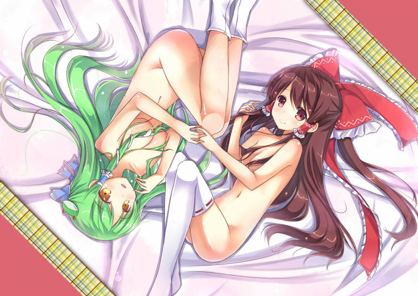 2girls amemiya_ruki bow breasts brown_eyes brown_hair cleavage convenient_censoring from_above green_hair hair_bow hair_censor hakurei_reimu highres holding_hands kochiya_sanae lace lace-trimmed_legwear lace_trim long_hair looking_at_viewer medium_breasts multiple_girls navel nude parted_lips red_bow red_ribbon ribbon shiny_skin small_breasts smile thighhighs touhou white_legwear yellow_eyes