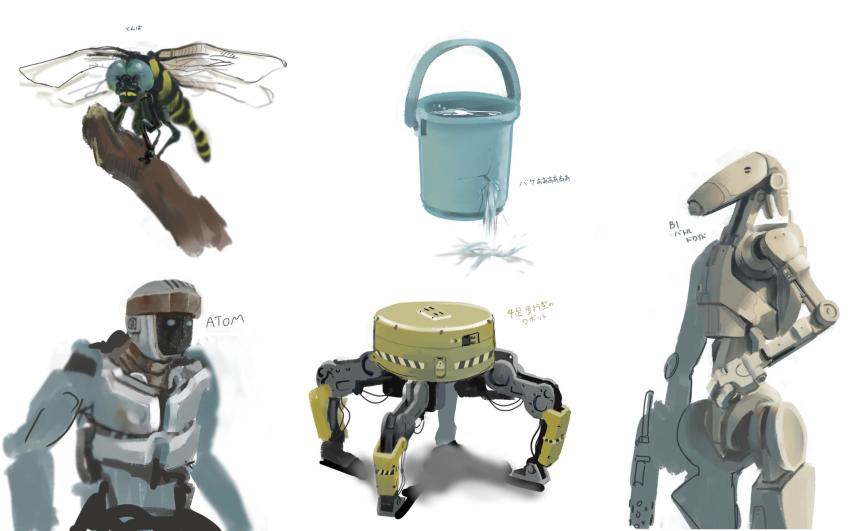 atom_(real_steel) b1_battle_droid bad_id bad_twitter_id black_eyes blue_eyes bucket bug character_name dragonfly gun highres holding holding_gun holding_weapon humanoid_robot insect insect_wings kusami_toka_naku_au leaking looking_ahead no_humans real_steel robot sketch star_wars water weapon white_background wings