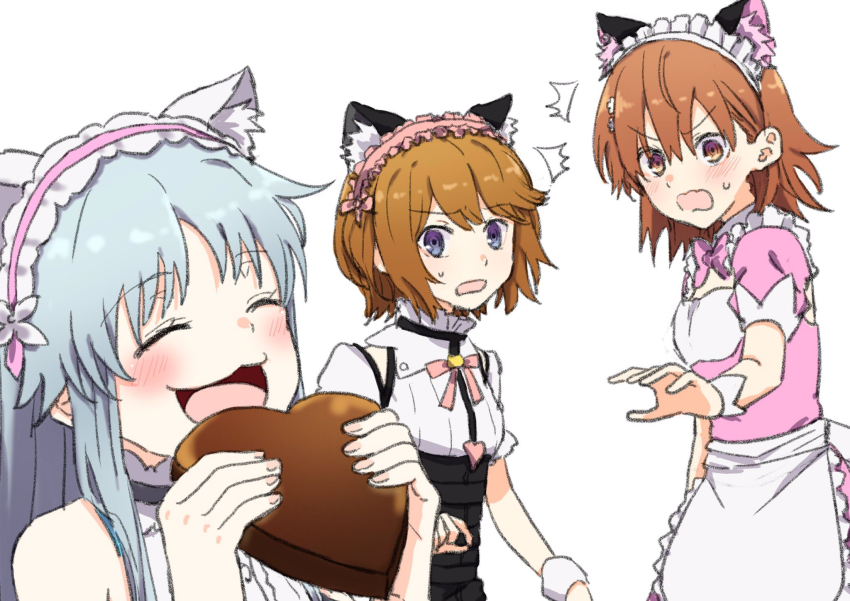 3girls :3 aic_oekaki alternate_eye_color animal_ear_hairband animal_ears apron black_eyes blush bow bowtie brown_eyes brown_hair candy cat_ear_hairband cat_ears chocolate chocolate_heart closed_eyes commentary_request detached_sleeves dress fake_animal_ears fingernails flat_chest food frilled_dress frilled_hairband frills grey_eyes grey_hair hair_ornament hairband hairclip heart heart-shaped_food height_difference highres holding holding_chocolate holding_food index_(toaru_majutsu_no_index) kemonomimi_mode kinuhata_saiai long_hair looking_at_another maid maid_apron maid_day maid_headdress medium_hair misaka_mikoto multiple_girls notice_lines official_alternate_costume open_mouth pink_bow pink_bowtie pink_dress short_hair short_sleeves smile surprised toaru_majutsu_no_index toaru_majutsu_no_index:_imaginary_fest two-tone_dress waist_apron white_apron wrist_cuffs