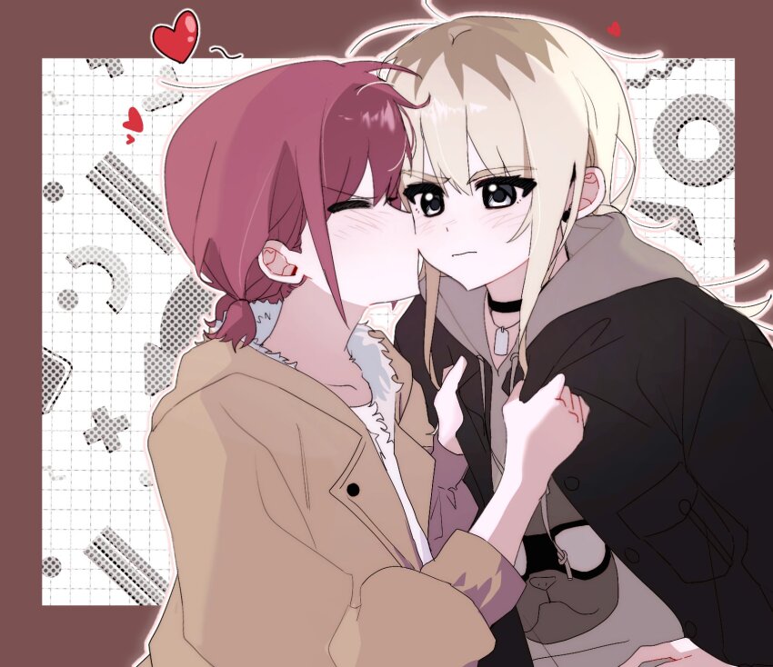 2girls black_choker black_jacket blush border brown_border brown_coat choker closed_eyes closed_mouth clothes_grab coat commentary girls_band_cry grey_eyes grey_hair grey_hoodie heart highres hood hoodie i2727272727 iseri_nina jacket jacket_grab kawaragi_momoka kiss kissing_cheek korean_commentary multicolored_hair multiple_girls red_hair roots_(hair) shirt short_twintails twintails upper_body white_shirt yuri