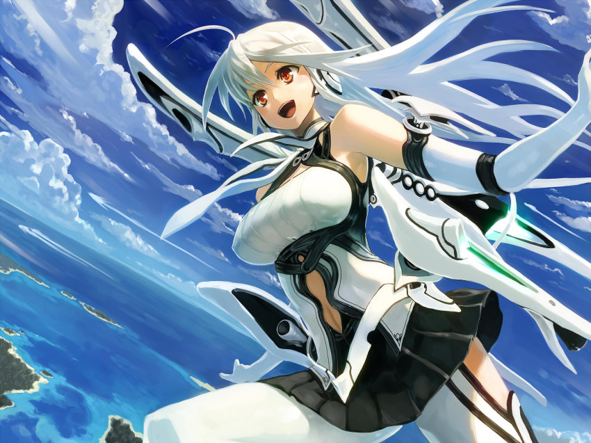 1girl ahoge breasts chimochimo clothing_cutout cloud cloudy_sky day elbow_gloves female_focus gloves highres island jetpack large_breasts long_hair navel navel_cutout open_mouth original red_eyes sky smile solo thighhighs white_gloves white_hair white_thighhighs