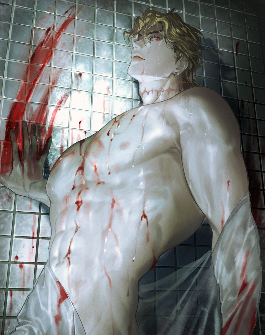 1boy abs bathroom birthmark blonde_hair blood blood_on_hands bustersiri dio_brando ear_birthmark earrings highres jewelry jojo_no_kimyou_na_bouken large_pectorals looking_at_viewer male_focus muscular muscular_male navel nipples pectorals phantom_blood red_eyes scar scar_on_neck see-through_clothes solo stardust_crusaders stitched_neck stitches tile_wall tiles topless_male wet wet_clothes