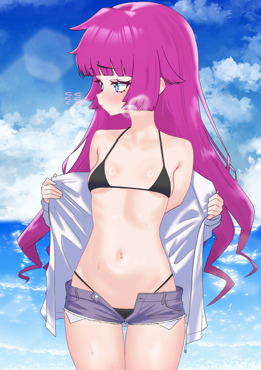 1girl absurdres bikini black_bikini blue_eyes blunt_bangs breasts cowboy_shot embarrassed highres kirishima_romin long_hair looking_to_the_side navel ocean oldsickkim open_clothes open_shirt outdoors pink_hair sky small_breasts solo stomach swimsuit very_long_hair yu-gi-oh! yu-gi-oh!_sevens