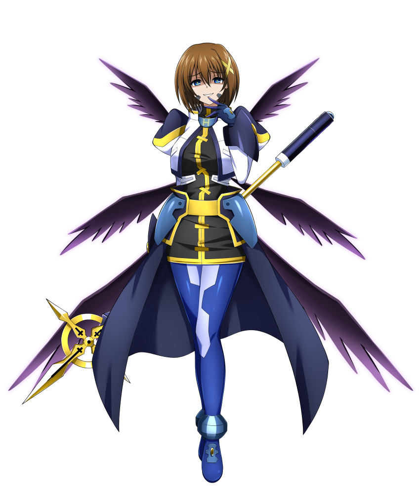 1girl absurdres arm_behind_back blue_eyes bright_pupils brown_hair commission evil_grin evil_smile eyebrows_hidden_by_hair full_body gloves grin hair_between_eyes hair_ornament highres hip_armor long_sleeves looking_at_viewer lyrical_nanoha mahou_shoujo_lyrical_nanoha mahou_shoujo_lyrical_nanoha_strikers multiple_wings numbers&#039;_uniform numbers_(nanoha) oshimaru026 pixiv_commission puffy_sleeves schwertkreuz short_hair simple_background skirt smile solo staff waist_cape white_background white_pupils wings x_hair_ornament yagami_hayate