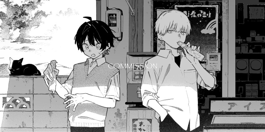 1boy 1girl absurdres ahoge blush building cardigan_vest cat collared_shirt commentary commission dress_shirt greyscale hand_in_pocket highres kushiro_yuu monochrome original ramune shirt short_hair short_sleeves spill summer upper_body watermark