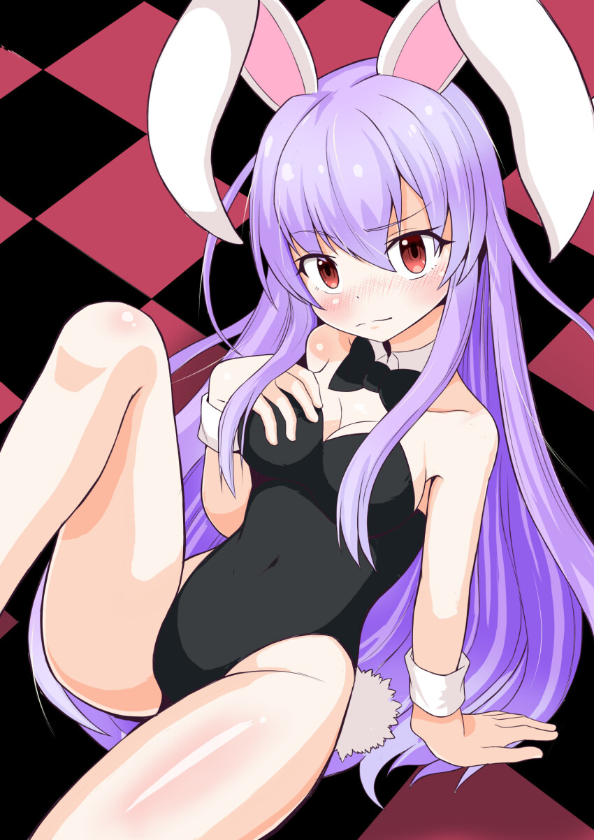 1girl :s animal_ears black_background black_bow black_bowtie black_leotard blush bow bowtie breasts checkered_background collar commentary_request feet_out_of_frame hair_between_eyes highres kawakami_nako leotard long_hair medium_breasts nose_blush playboy_bunny purple_hair rabbit_ears rabbit_girl rabbit_tail raised_eyebrow red_background red_eyes reisen_udongein_inaba sitting solo split_mouth spread_legs strapless strapless_leotard tail touhou white_collar white_wrist_cuffs wrist_cuffs