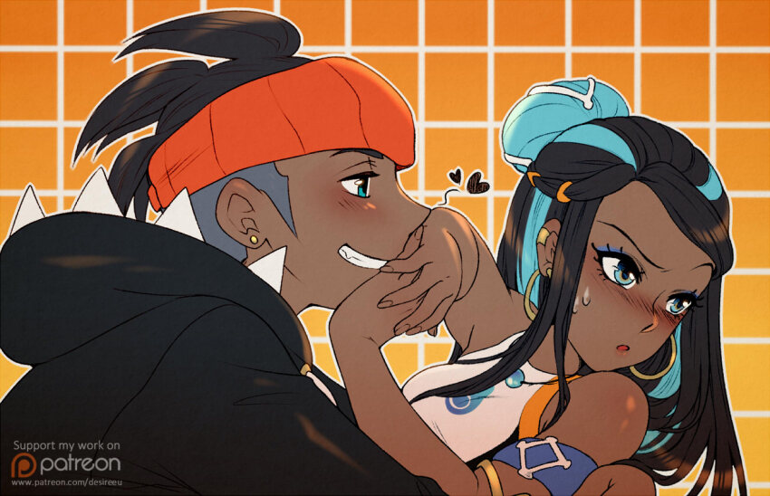 1boy 1girl blue_eyes blue_eyeshadow blue_hair blush commentary creatures_(company) dark-skinned_female dark-skinned_male dark_skin desireeu_arts earrings english_commentary eyelashes eyeshadow game_freak hair_bun headband heart hood hoodie hoop_earrings hug jewelry long_hair looking_at_another makeup nessa_(pokemon) nintendo orange_headband pokemon pokemon_swsh raihan_(pokemon) sidelocks smile sweatdrop