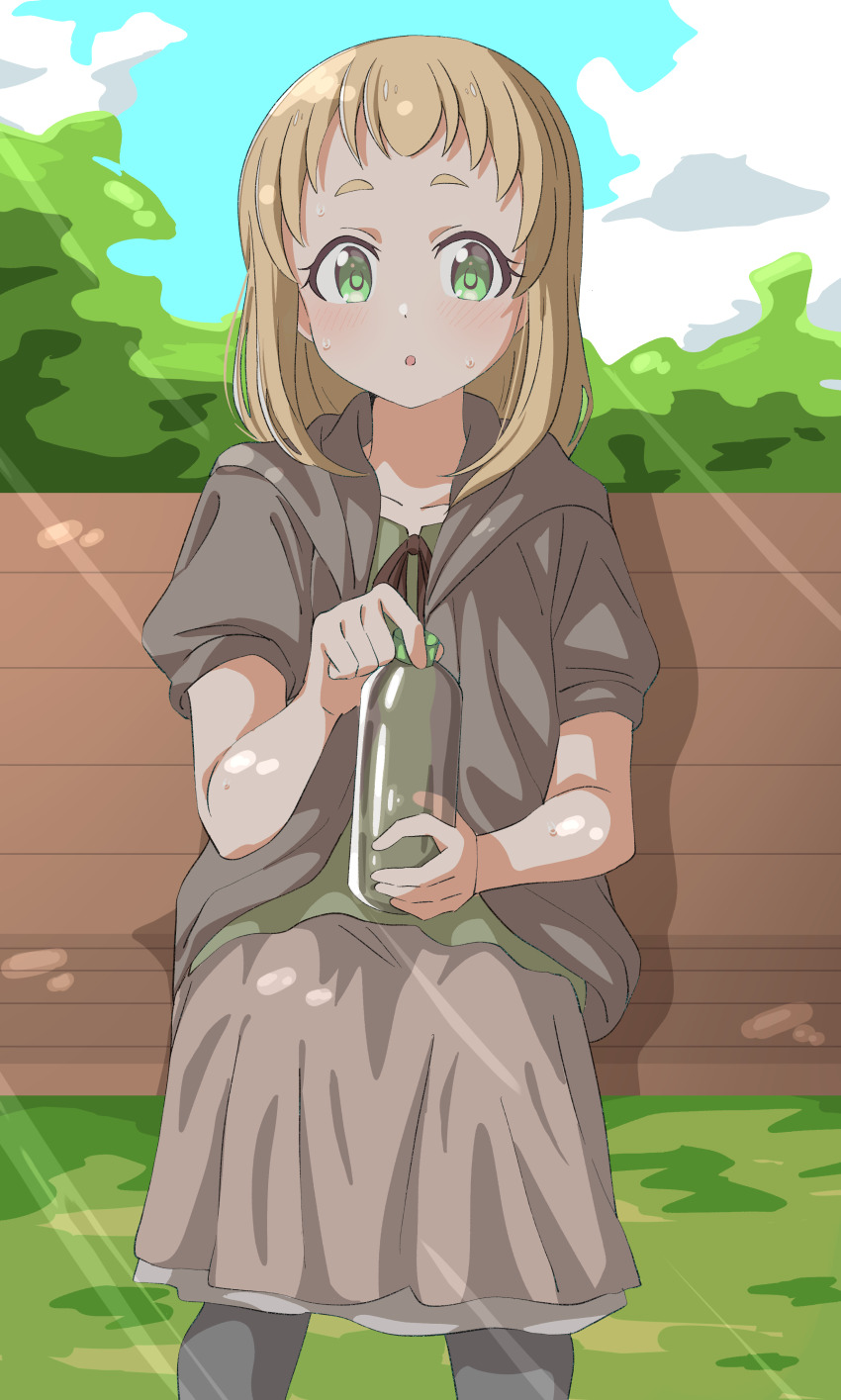 1girl :o absurdres black_pantyhose blonde_hair blush bottle brown_jacket brown_ribbon brown_skirt cloud commentary_request feet_out_of_frame green_eyes green_shirt hair_down highres holding holding_bottle hood hooded_jacket inose_mai jacket koisuru_asteroid long_hair long_skirt neck_ribbon on_bench open_clothes open_jacket opening_bottle outdoors pantyhose ribbon shirt short-sleeved_jacket short_sleeves sidelocks sitting sketch_background skirt solo sweat uchuu_no_mozuku