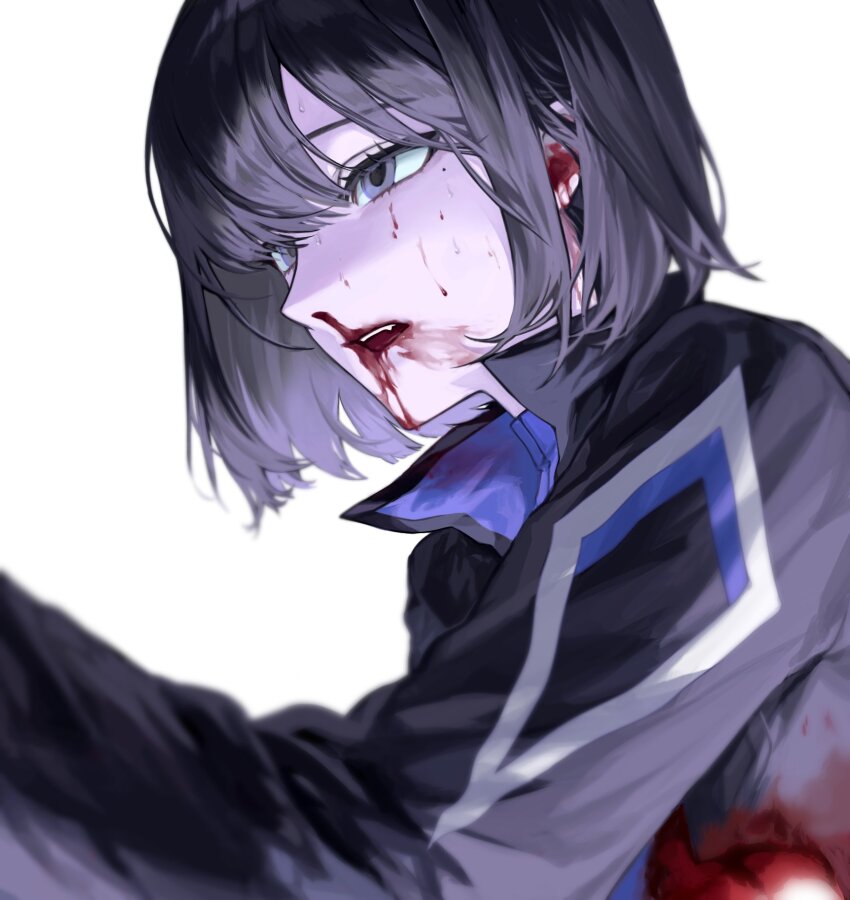 1girl black_hair black_jacket blood blood_from_ears blood_from_mouth blood_on_clothes bloody_tears blue_sweater bob_cut collared_jacket commentary_request from_side han_sooyoung highres jacket jjojjo110110 korean_commentary long_sleeves looking_ahead omniscient_reader&#039;s_viewpoint open_clothes open_jacket open_mouth purple_eyes simple_background solo sweater teeth turtleneck turtleneck_sweater underlighting upper_body upper_teeth_only white_background