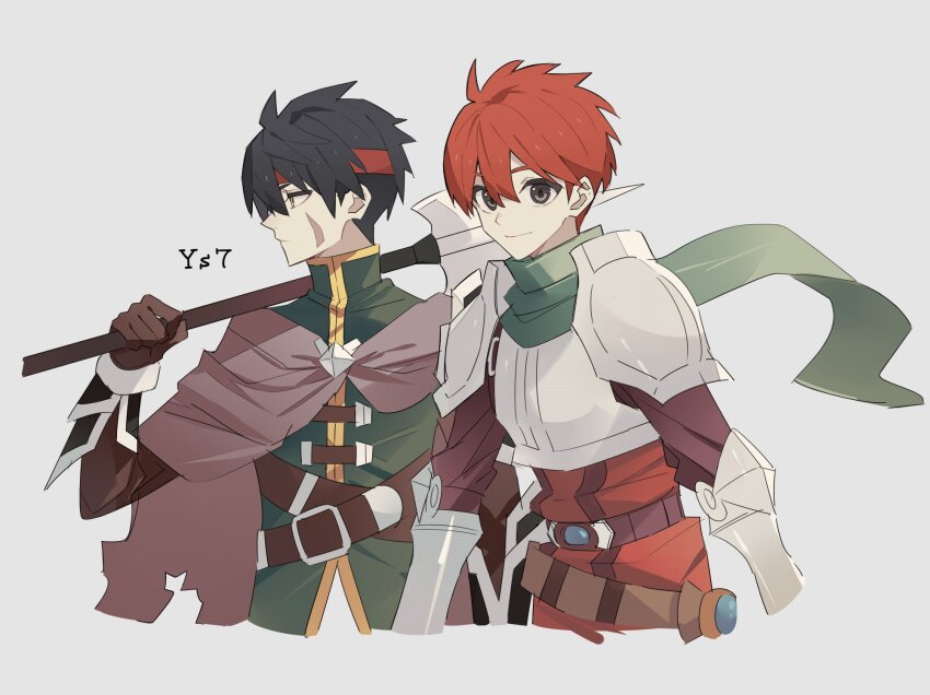 2024 2boys adol_christin armor belt black_hair geis_(ys) george_man green_scarf halberd headband highres holding holding_polearm holding_weapon light_smile multiple_boys polearm red_hair red_headband scar scar_on_face scarf shoulder_armor simple_background weapon ys ys_seven