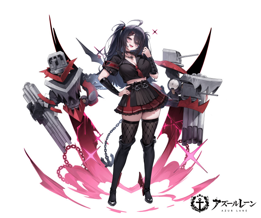 1girl absurdres ahoge anchor arm_strap armband azur_lane belt black_armband black_belt black_choker black_footwear black_hair black_shirt black_thighhighs boots breasts chain choker cleavage commentary copyright_name fishnet_thighhighs fishnets freng hand_on_own_hip highres jewelry knee_boots large_breasts looking_at_viewer midriff_peek necklace official_art open_mouth pleated_skirt purple_eyes red_armband red_skirt rigging shirt simple_background skindentation skirt smile solo thick_thighs thighhighs thighs torpedo_tubes transparent_background twintails white_background z11_(azur_lane) zettai_ryouiki