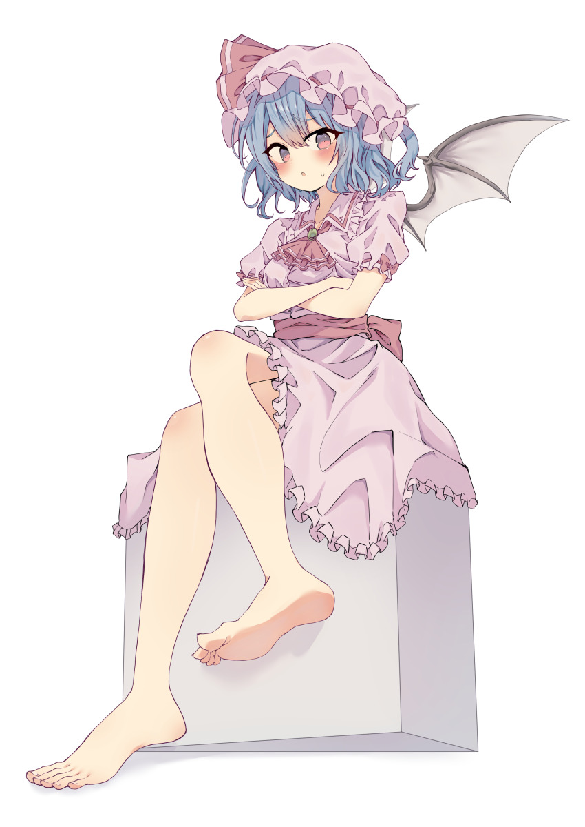 1girl absurdres ascot bare_legs barefoot bat_wings blue_hair blush breasts collared_shirt commentary_request crossed_arms crossed_legs feet foot_focus frilled_shirt_collar frills hat hat_ribbon highres looking_at_viewer mob_cap open_mouth pink_hat pink_shirt pink_skirt puffy_short_sleeves puffy_sleeves red_ascot remilia_scarlet ribbon seika_okawari shirt short_sleeves simple_background sitting skirt solo sweatdrop toes touhou white_background wings