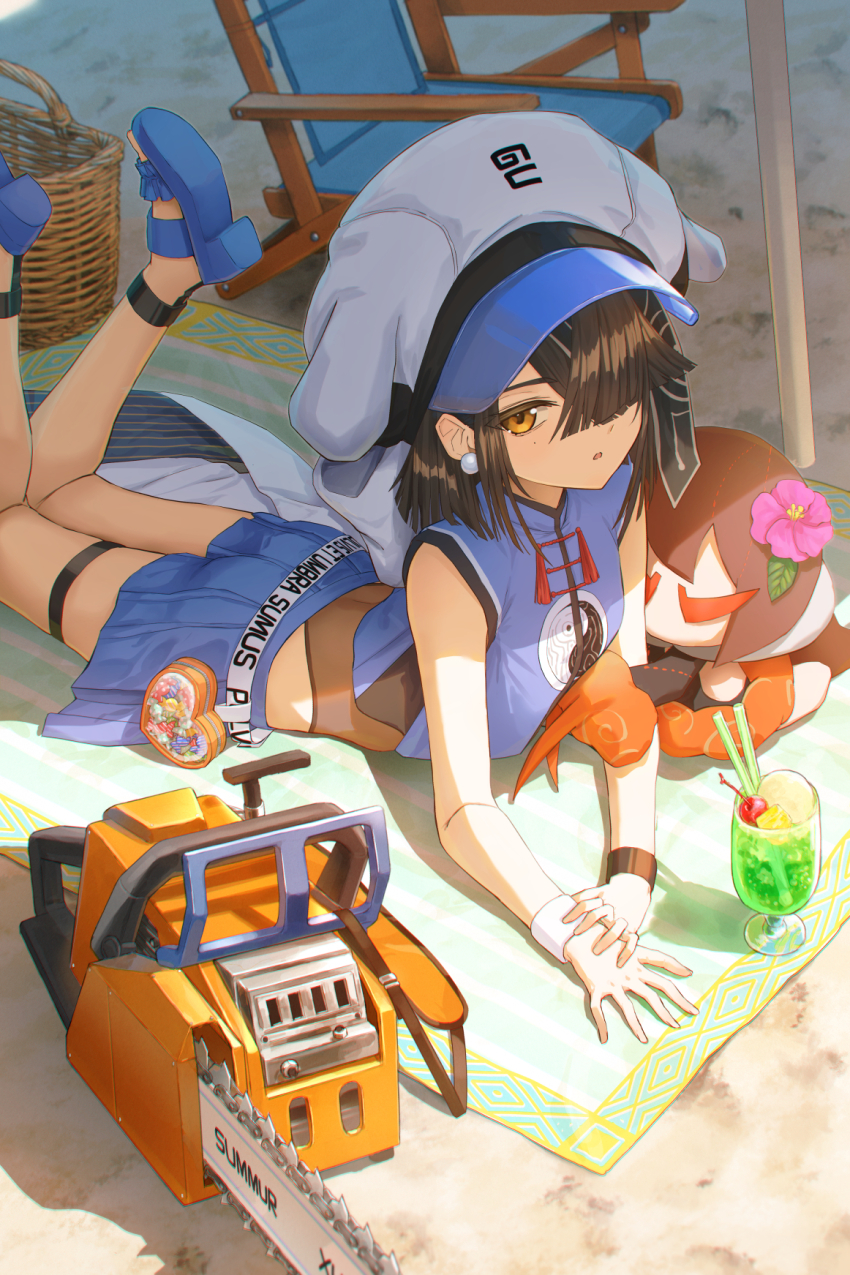 1girl bare_shoulders black_hair black_one-piece_swimsuit blue_shirt blue_skirt breasts brown_eyes chainsaw crop_top cup drinking_glass fate/grand_order fate_(series) hair_over_one_eye hat highres kamo_ashi looking_at_viewer lying miniskirt mole mole_under_eye on_stomach one-piece_swimsuit open_mouth sandals shirt short_hair skirt sleeveless sleeveless_shirt small_breasts solo stuffed_toy swimsuit swimsuit_under_clothes thigh_strap white_hat wristband xu_fu_(fate) xu_fu_(swimsuit_avenger)_(fate) xu_fu_(swimsuit_avenger)_(first_ascension)_(fate) yin_yang yin_yang_print yu_mei-ren_(fate)