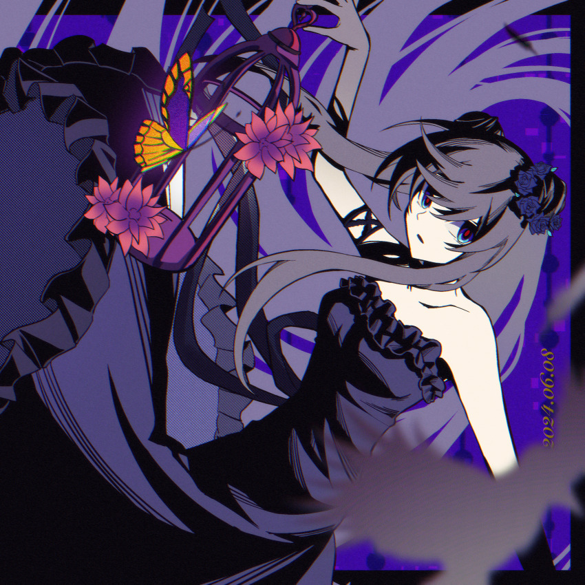 1girl absurdres animal arcaea blue_background blue_eyes bug butterfly dress eternalcompass highres insect long_hair looking_at_viewer outstretched_arms purple_dress purple_hair solo spread_arms tairitsu_(arcaea)