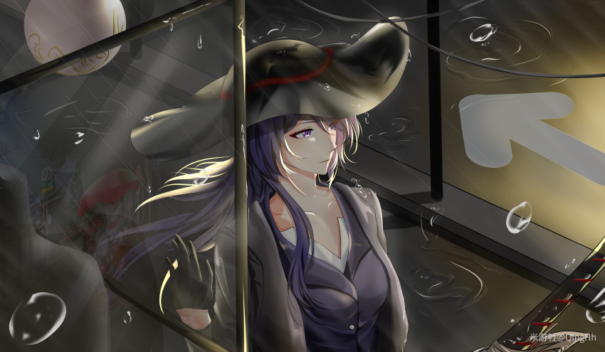 1girl absurdres acheron_(boundless_choreo)_(honkai:_star_rail) acheron_(honkai:_star_rail) adapted_costume black_gloves black_hair black_jacket breasts closed_mouth collarbone commentary_request eyes_visible_through_hair gloves hair_over_one_eye hand_on_window highres honkai:_star_rail honkai_(series) jacket long_hair looking_ahead medium_breasts miyoushe_watermark official_alternate_costume open_clothes open_jacket purple_eyes purple_hair qinghh rain ripples solo standing sword upper_body watermark weapon