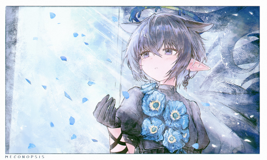 1girl absurdres animal_ears black_dress black_garter_straps black_hair blue_flower commentary copyright_name coqc dress earrings extra_ears flower garter_straps grey_eyes halo hand_up highres hololive hololive_english jewelry liquid_halo long_pointy_ears looking_afar looking_ahead meconopsis_(ninomae_ina&#039;nis) melting_halo ninomae_ina&#039;nis official_alternate_costume official_alternate_hair_length official_alternate_hairstyle pointy_ears puffy_short_sleeves puffy_sleeves ribbon short_sleeves symbol-only_commentary virtual_youtuber wrist_ribbon