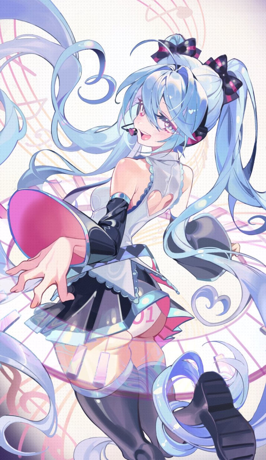 1girl black_thighhighs blue_eyes blue_hair clothing_cutout coloringday hatsune_miku headphones heart_cutout microphone panties solo thighhighs underwear vocaloid white_panties