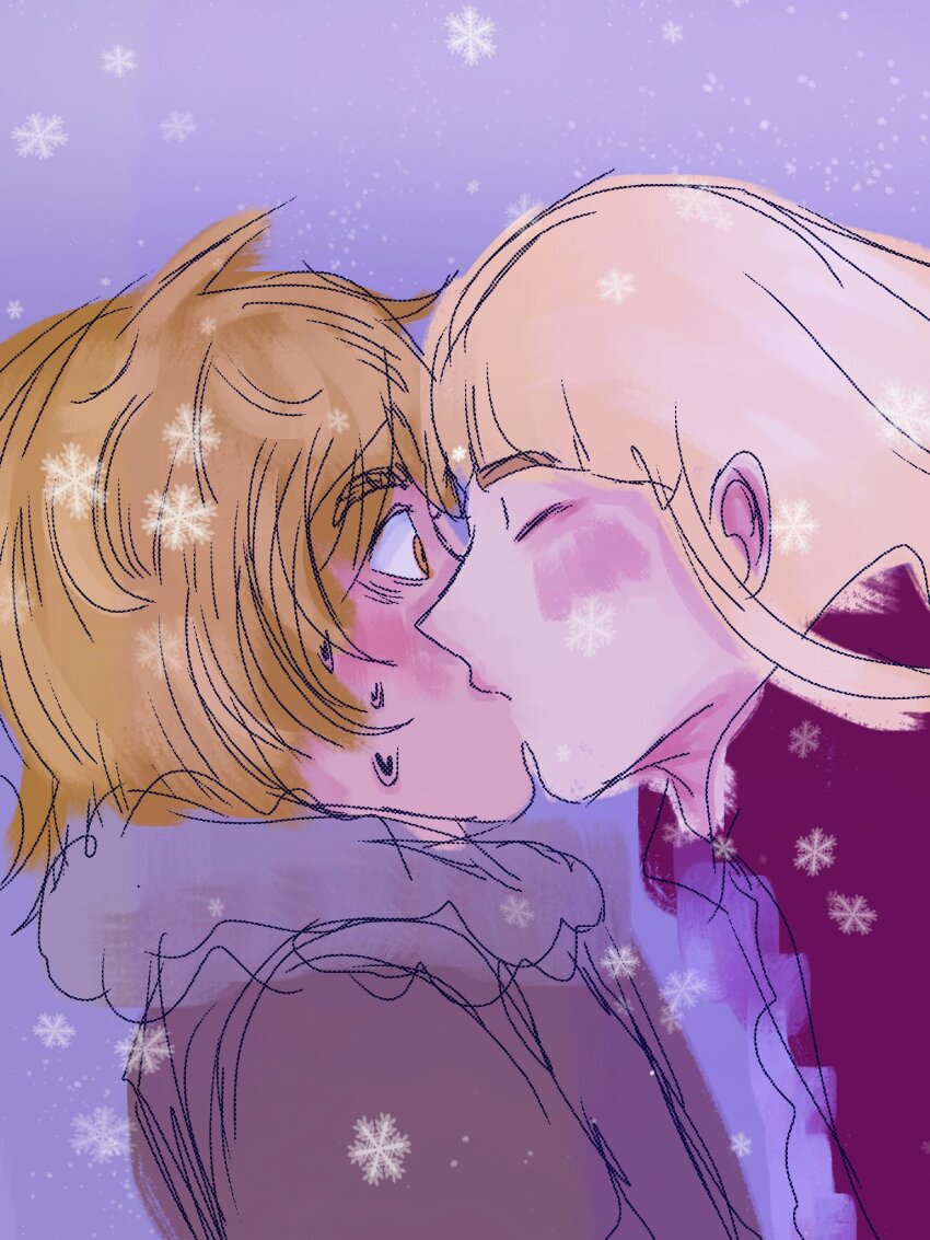 2boys androgynous blonde_hair blush brown_eyes canute chisana_yosei closed_eyes eyebrows eyebrows_hidden_by_hair fur_collar fur_trim highres kiss looking_at_another male_focus messy_hair multiple_boys prince profile sidelocks snow snowflakes snowing sweat thorfinn viking vinland_saga winter winter_clothes yaoi