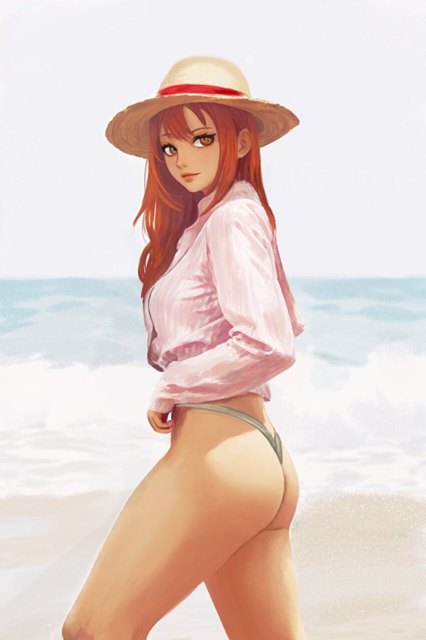 1girl ai-assisted ass bikini breasts hat heyy_vivii highres long_hair looking_at_viewer nami_(one_piece) one_piece orange_eyes orange_hair shirt smile solo strawhat swimsuit water