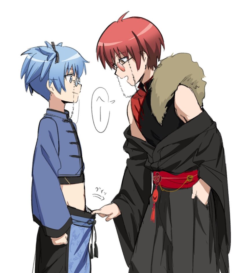 2boys :d ahoge akabane_karma ansatsu_kyoushitsu black_bow black_kimono black_pants black_shirt blue_eyes blue_hair blue_pants blue_shirt bow chinese_clothes clenched_hand closed_mouth clothes_down cowboy_shot crop_top eyewear_strap from_side fur_collar glasses groin hair_between_eyes hair_bow hand_in_pocket highres japanese_clothes kimono long_sleeves looking_at_another looking_at_penis looking_down male_focus mandarin_collar multiple_boys navel obi official_alternate_costume open_mouth pankou pants pizarrokun pulling_another&#039;s_clothes red-tinted_eyewear red_hair round_eyewear sash shiota_nagisa shirt short_hair short_twintails simple_background sleeveless sleeveless_shirt smile speech_bubble stomach tangzhuang tassel tinted_eyewear twintails white_background yaoi yellow_eyes