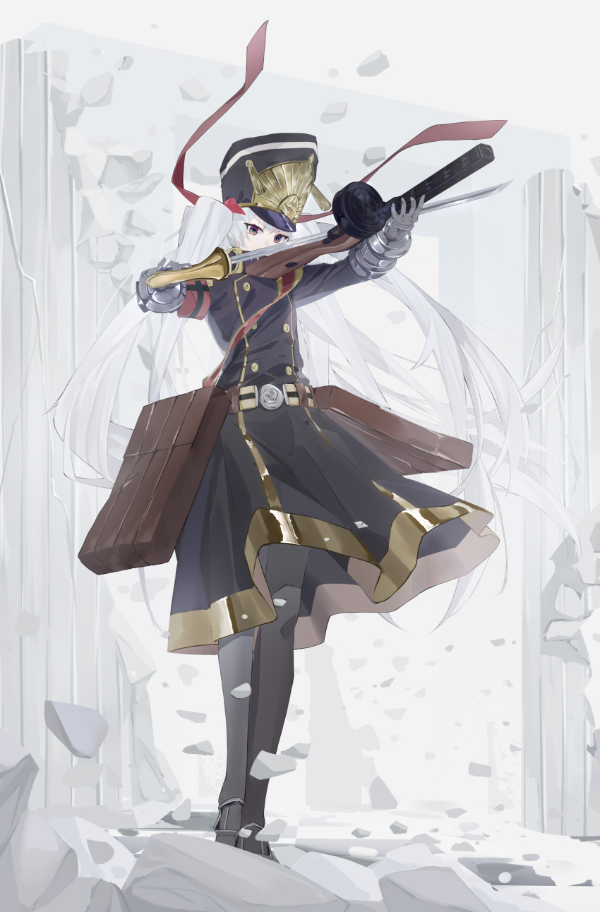 1girl absurdres altair_(re:creators) belt belt_bag black_coat black_dress black_footwear black_hat black_pantyhose blue_eyes buttons checkered_floor coat coat_dress commentary debris dress full_body gauntlets gun hair_ribbon hat high_collar highres holding holding_gun holding_sword holding_weapon long_hair long_sleeves looking_at_viewer looking_to_the_side medium_bangs military_uniform ocastitan original outdoors pantyhose pillar ppsh-41 re:creators red_eyes red_ribbon ribbon shako_cap sidelocks solo square_pupils standing submachine_gun sword twintails two-tone_armband two-tone_eyes uniform very_long_hair weapon white_hair wind