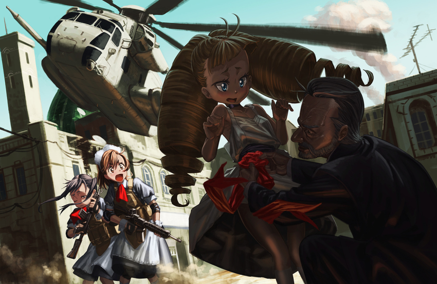 1boy 3girls ahoge aircraft apron armpits ascot assault_rifle bad_id bad_pixiv_id beard black_hair blonde_hair blue_eyes brown_eyes brown_hair ch-53 child city closed_eyes clothes_lift commentary dress drill_hair dust dutch_angle elbow_pads facial_hair flat_chest formal gun helicopter hironii_(hirofactory) kneeling load_bearing_vest long_hair looking_to_the_side m4_carbine maid maid_apron maid_headdress military multiple_girls neck_ribbon old old_man one_eye_closed open_mouth original radio_antenna ribbon rifle scar skirt skirt_lift sleeveless sleeveless_dress smoke suit sundress twin_drills twintails weapon white_dress wind wrist_cuffs