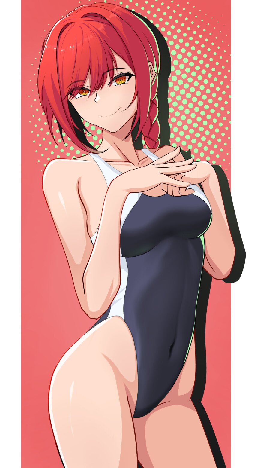 1girl absurdres blue_one-piece_swimsuit braid breasts caligoyaro chainsaw_man closed_mouth covered_navel highleg highleg_one-piece_swimsuit highres makima_(chainsaw_man) multicolored_eyes one-piece_swimsuit red_eyes red_hair ringed_eyes single_braid small_breasts smile solo swimsuit yellow_eyes