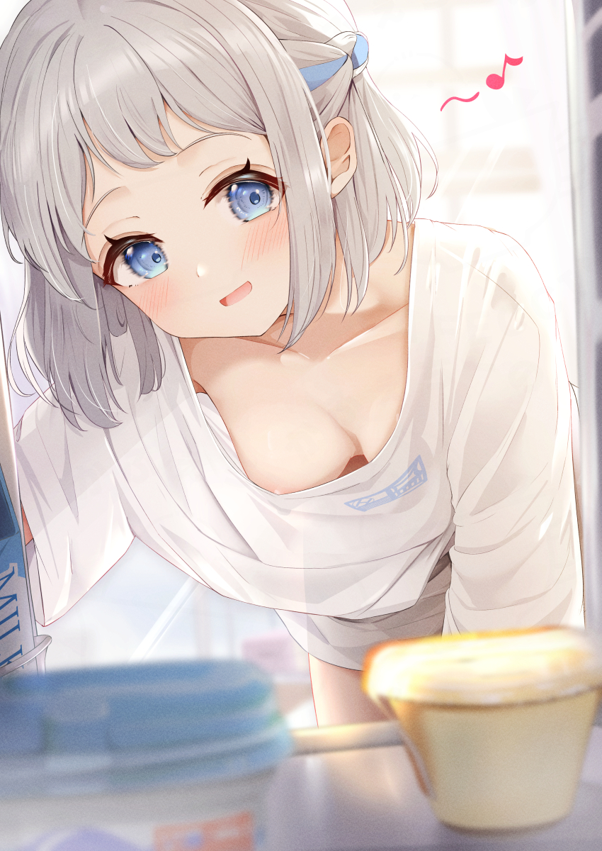 1girl absurdres areola_slip blue_eyes blue_ribbon blush breasts collarbone commentary_request downblouse food gakuen_idolmaster grey_hair hair_ribbon half_up_braid highres idolmaster indoors katsuragi_lilja leaning_forward looking_at_object medium_breasts musical_note no_bra pudding refrigerator refrigerator_interior ribbon ribbon_braid see-through_silhouette shirt short_hair sky_cappuccino smile solo white_shirt