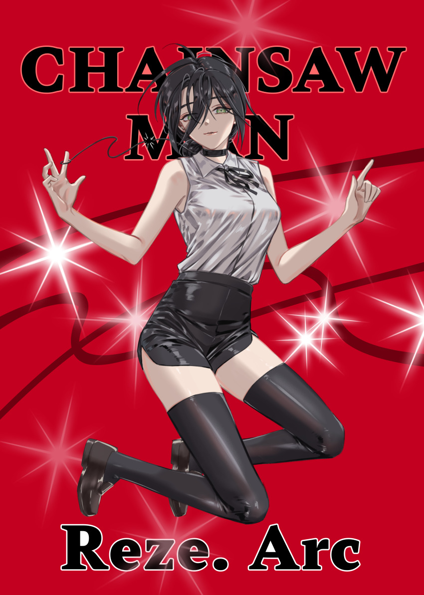 1girl absurdres applegel black_choker black_hair black_shorts black_thighhighs brown_footwear chainsaw_man choker copyright_name green_eyes highres loafers red_background reze_(chainsaw_man) shirt shoes short_shorts shorts sleeveless sleeveless_shirt solo thighhighs white_shirt