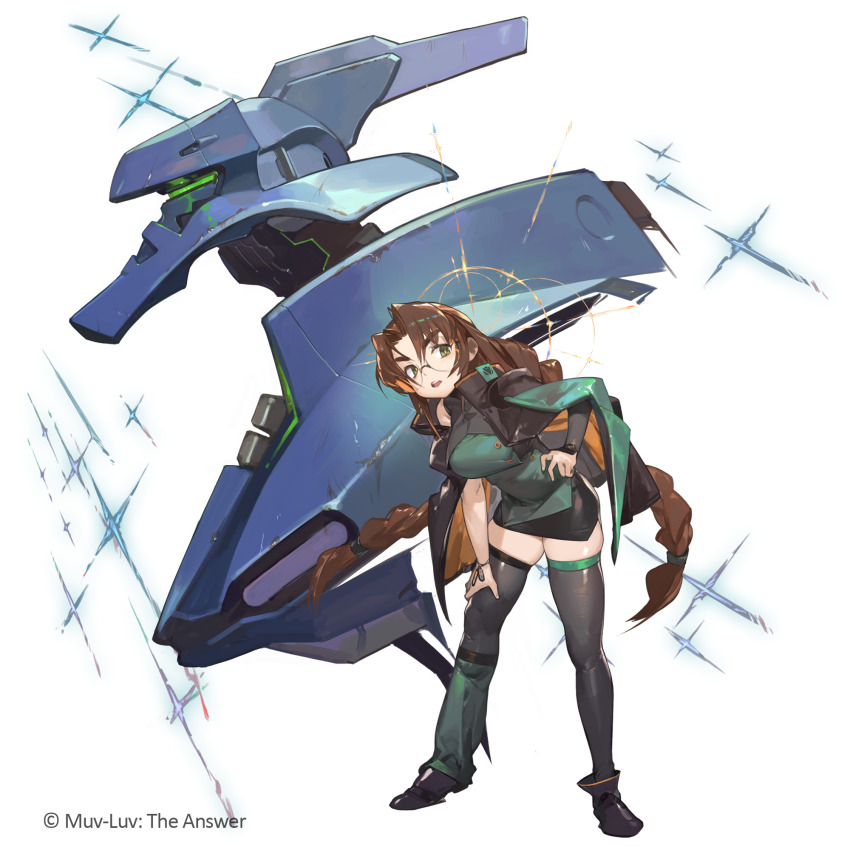 assault_visor black_jacket boots braid breasts brown_hair glasses green_eyes hand_on_own_hip hand_on_own_thigh highres jacket jacket_on_shoulders leaning_forward legs_apart long_hair mecha medium_breasts muv-luv muv-luv:_dimensions muv-luv_alternative official_art parted_bangs robot round_eyewear sakaki_chizuru science_fiction skindentation so-taro standing tactical_surface_fighter thick_eyebrows thighhighs twin_braids type_97_fubuki v-shaped_eyebrows very_long_hair white_background