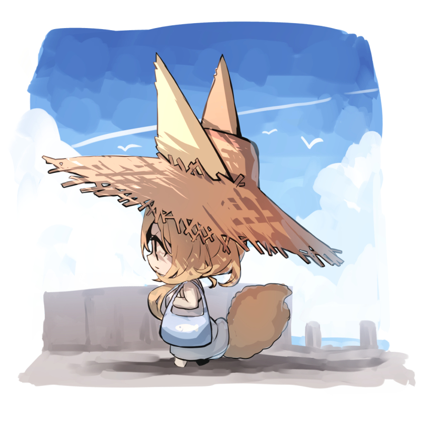 1girl animal animal_ears bag barefoot bird blonde_hair blue_sky breasts brown_hat chibi closed_mouth cloud commentary_request day dress ears_through_headwear fox_ears fox_girl fox_tail from_side hat highres long_hair medium_breasts original profile sky sleeveless sleeveless_dress solo standing straw_hat tail walking water white_dress yuuji_(yukimimi)