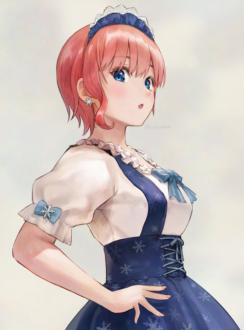 1girl :o absurdres blue_bow blue_corset blue_eyes blush bow commentary_request corset go-toubun_no_hanayome grey_background hand_on_own_hip highres ishiyuki looking_at_viewer nakano_ichika pink_hair puffy_short_sleeves puffy_sleeves revision short_hair short_sleeves simple_background solo upper_body