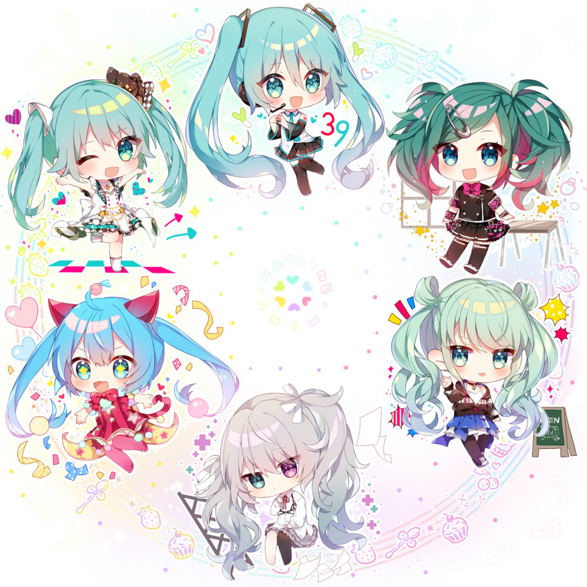 +_+ 1girl 25-ji_miku 39 :d ;d aqua_eyes aqua_hair aqua_necktie arm_tattoo armpits arms_up back_bow balloon black_choker black_footwear black_hoodie black_jacket black_skirt black_sleeves black_thighhighs boots bow bowtie bracelet chalkboard_sign character_name chibi choker closed_mouth collared_shirt colored_inner_hair commentary cupcake desk detached_sleeves dot_mouth dot_nose dress food fruit full_body gradient_hair green_eyes green_hair grey_hair grey_skirt hair_between_eyes hatsune_miku headset heart heart_balloon heart_hands heterochromia highres hood hoodie idol_clothes jacket jewelry leg_up leo/need_miku long_sleeves more_more_jump!_miku multicolored_hair multiple_views necktie number_tattoo one_eye_closed open_mouth paper pink_bow pink_bowtie pink_footwear pink_hair pink_thighhighs pleated_skirt project_sekai red_dress safety_pin_hair_ornament shirt shoes single_bare_foot single_thighhigh skirt sleeveless sleeveless_shirt smile sneakers spiked_bracelet spikes spring_onion star_(symbol) strawberry striped_clothes striped_dress tank_top tattoo taya_oco thigh_boots thighhighs twintails vivid_bad_squad_miku vocaloid white_bow white_dress white_footwear white_shirt white_tank_top window wonderlands_x_showtime_miku