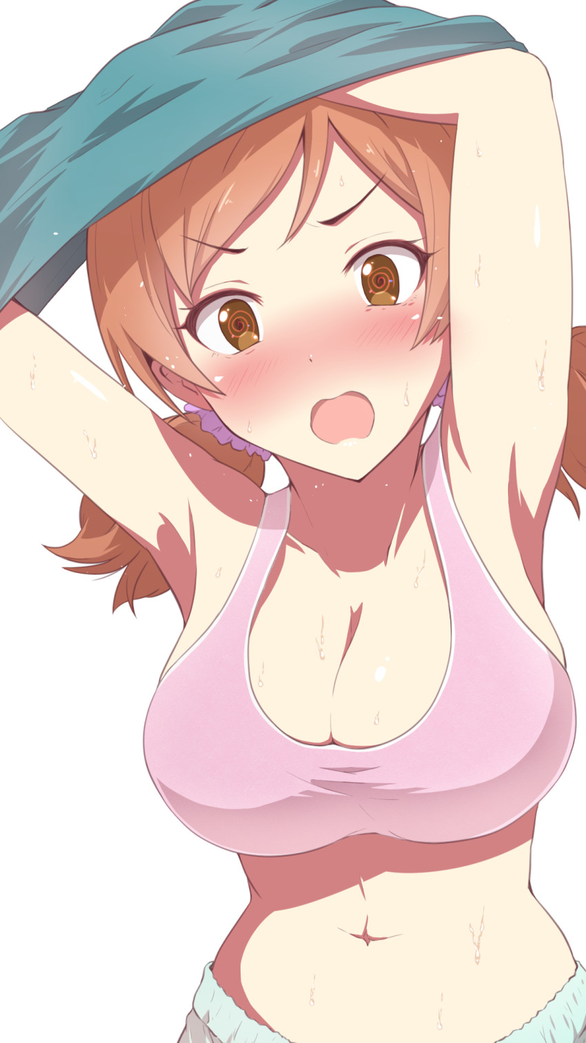 1girl :o @_@ armpits arms_up blush breasts cleavage collarbone full-face_blush green_shirt hair_ornament hair_scrunchie highres idolmaster idolmaster_cinderella_girls komatsu_ibuki koumei_(twinameless) large_breasts looking_at_viewer navel orange_hair pink_sports_bra scrunchie shirt simple_background solo sports_bra sweatdrop twintails undressing upper_body v-shaped_eyebrows white_background