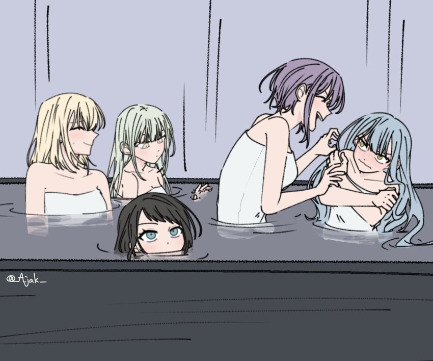 5girls a_jak ave_mujica_(bang_dream!) bang_dream! bang_dream!_it&#039;s_mygo!!!!! black_hair blonde_hair blue_eyes blue_hair closed_eyes green_hair long_hair medium_hair misumi_uika mouth_submerged mouth_under_water multiple_girls naked_towel open_mouth partially_submerged purple_hair same-sex_bathing shared_bathing short_hair smile togawa_sakiko towel twitter_username wakaba_mutsumi water yahata_umiri yellow_eyes yuutenji_nyamu